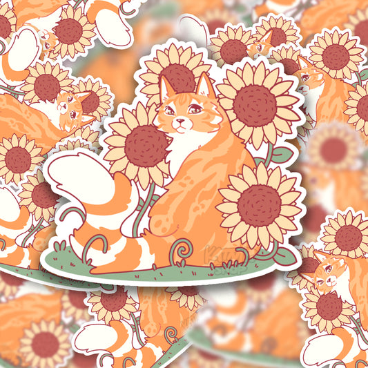 Orange Tabby Sticker with Sunflowers