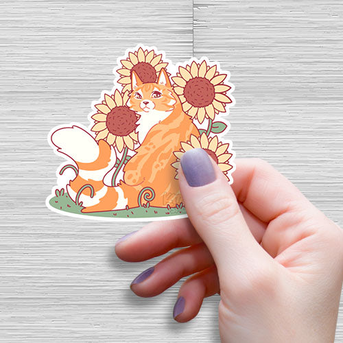 Orange Tabby Sticker with Sunflowers